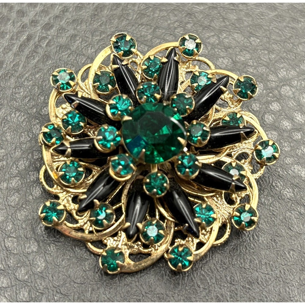 Vintage Faux Emerald Green Black Rhinestone Filigree Flower Dome Brooch